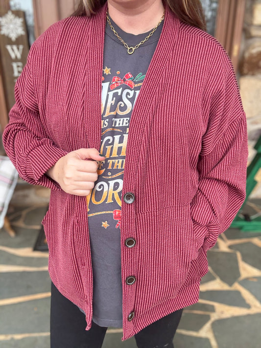 MARSALA RIBBED CARDIGAN