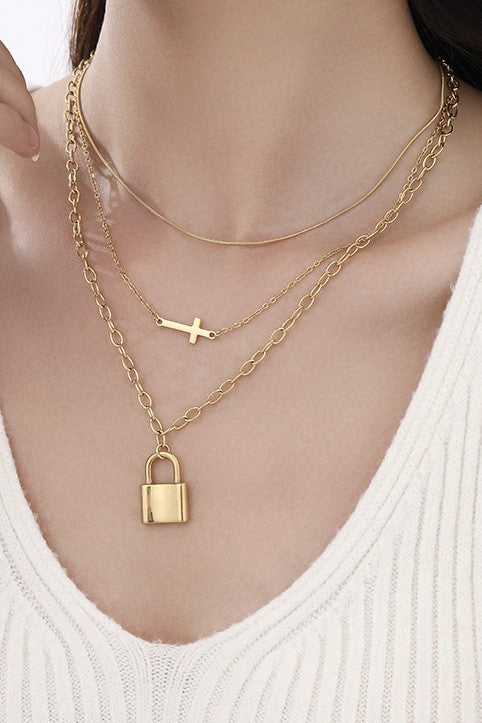 CROSS & LOCKET LAYERING NECKLACE Light Shine Co.