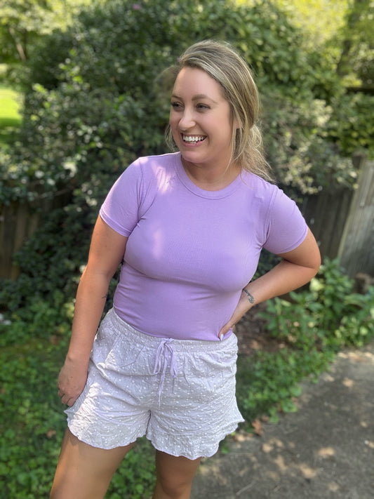 EYELET FRILL SHORTS - LAVENDER